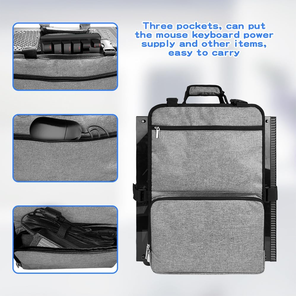 Pc Tower Carrying Strap, Computer Desktop Tower Large Carrying Case, Desktop Computer Case Belt Holder with Pockets for Keyboard, Cable, Headphone, Ideal for Transporting on the Go (Black) image number 1