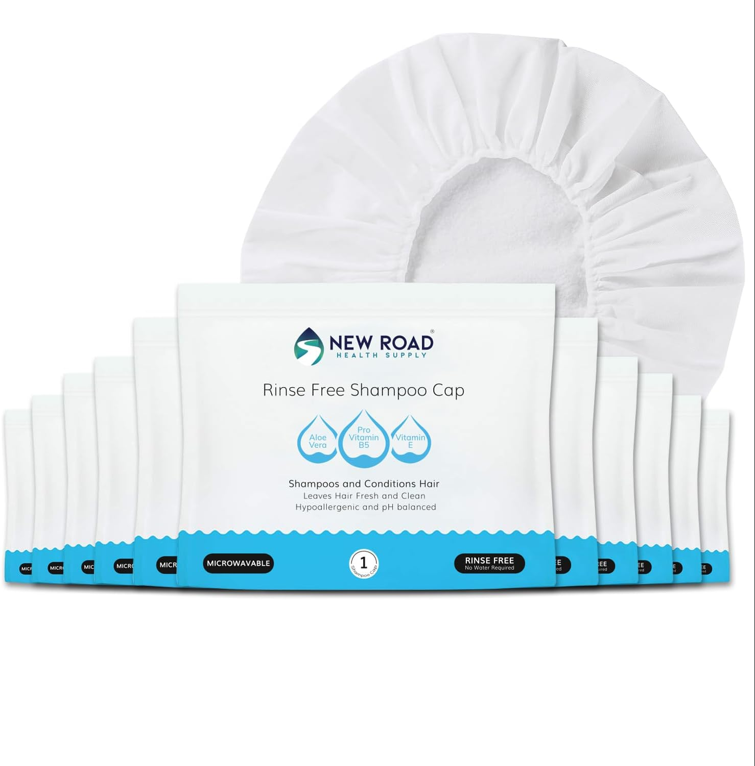 New Road Health Supply - Rinse Free Shampoo Cap, Cleans and Conditions without Water, PH Balanced and Hypoallergenic, No Rinse Shower Cap for Adults and Elderly, 12-Pack image number 1