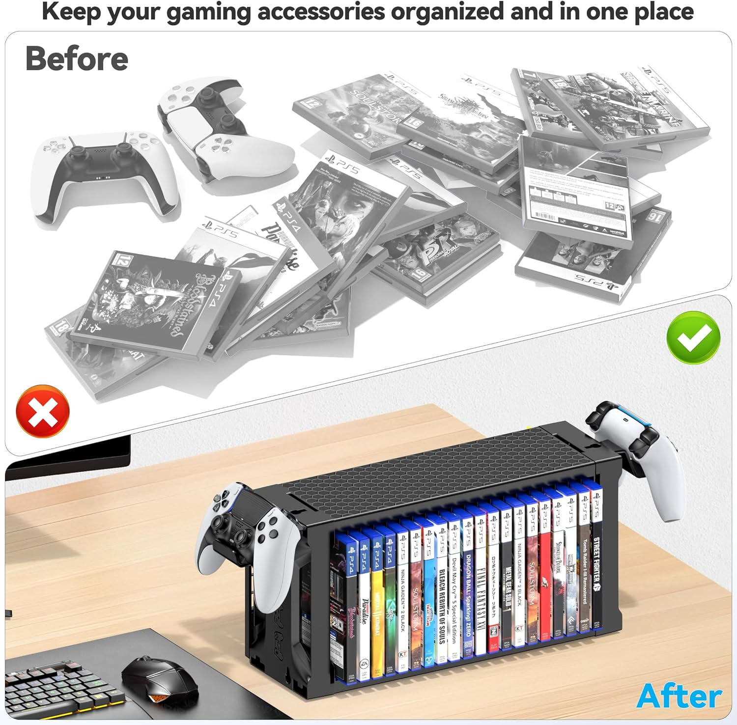 Kytok Video Game Storage Stand Tower with Controller Holder, Wall Mount Game Disc Case Organizer Compatible with PS5 PS4 Nintendo Switch Xbox Series/One, Vertical & Horizontal Stand for 20 Gaming Disc image number 1