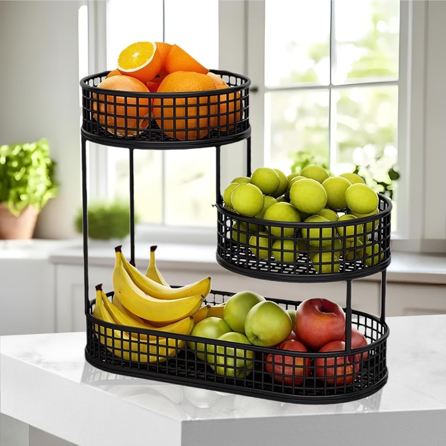 Fruit Basket, 3 Tier Countertop Metal Storage Basket,Layered Fruit Stand for Snacks,Kitchen Countertop,Food Storage Room,Fruits,Coffee,Pasta, Bathroom (Black) image number 2