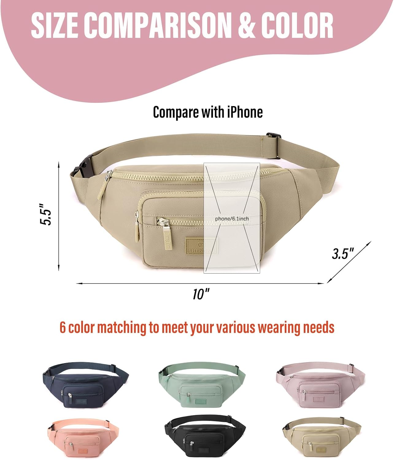 Women Bumbag Bag, 3-Layer Waterproof Waist Bag, Large Capacity Bright Colors Fanny Pack for Women (Khaki) - Green image number 2