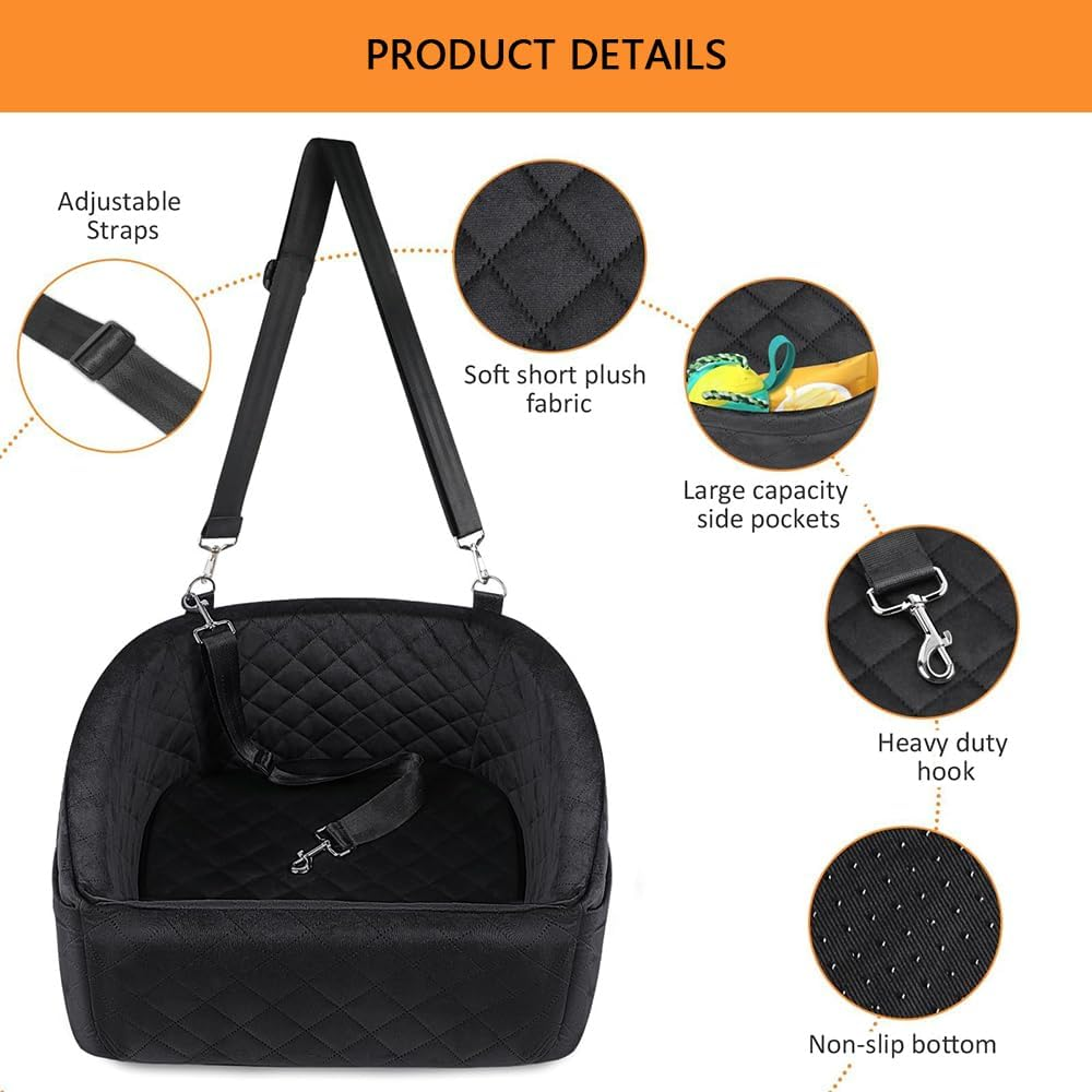 HYAVIA Dog Car Booster Seat for Small & Medium Dogs under 30Lbs with Safety Belt & Storage Pockets - Detachable Washable Travel Bed for Front & Back Seats (Black)