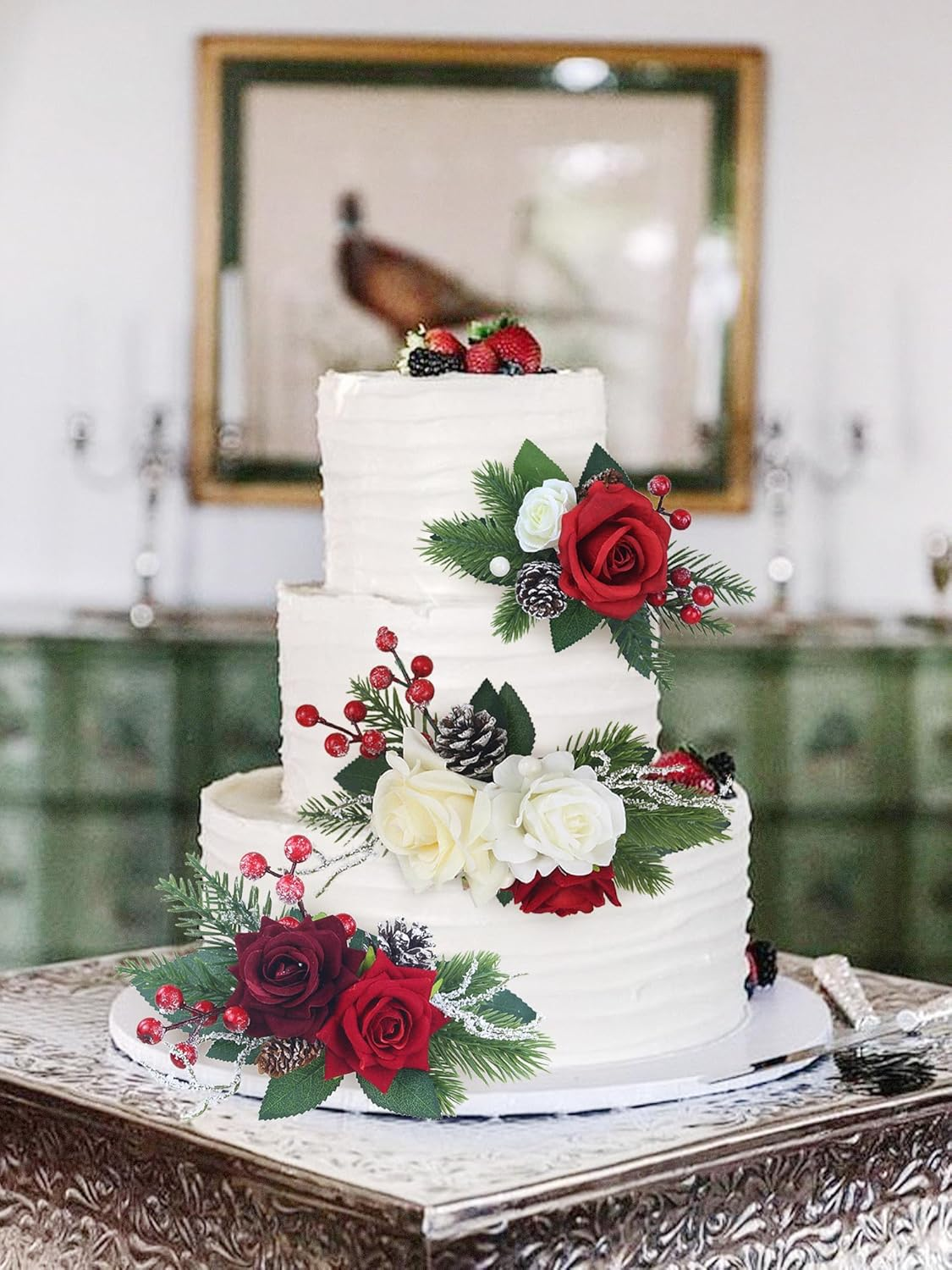 Rinlong 3Pcs Pre-Made Cake Topper Cake Decorating Flowers for Christmas Cake Decor Burgundy Xmas Cake Decorations for Wedding Baptism - Baby'S Breath  Eucalyptus image number 4