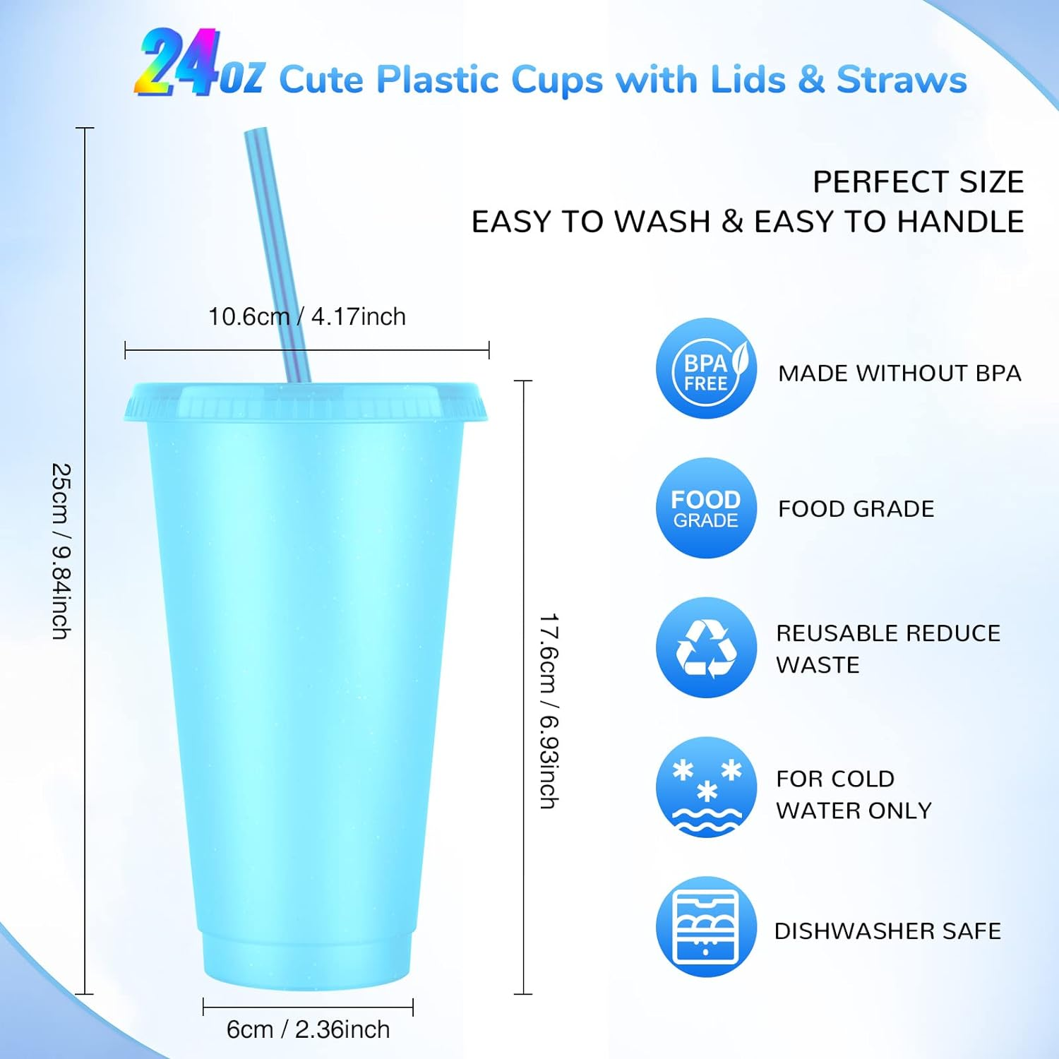24Oz Reusable Plastic Cups with Straws & Lids:10 Pack Cold Iced Coffee Drinking Cup Colorful Straw Tumblers Bulk - Cute Durable Travel Party Cup for Adults image number 2