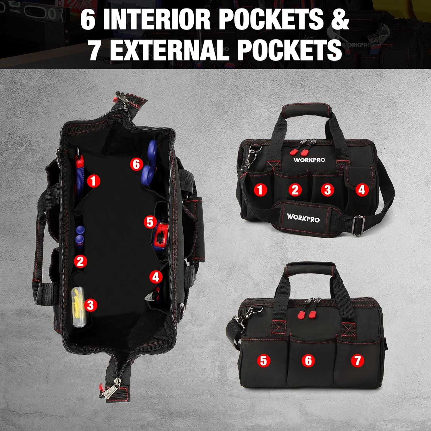 WORKPRO 14-Inch Tool Bag, Multi-Pocket Tool Organizer with Adjustable Shoulder Strap, W081021A, Black image number 4