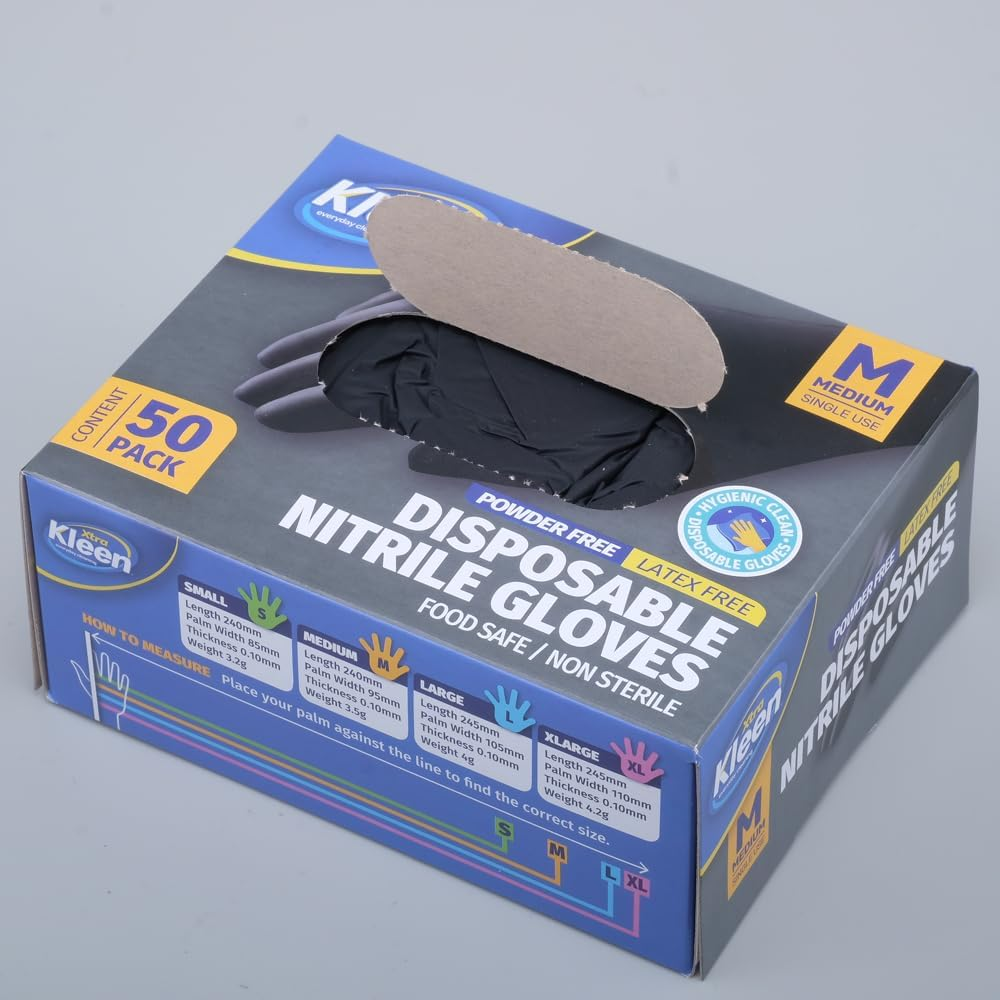 Xtra Kleen Nitrile Powder Free Disposable Gloves, Black, Medium (Pack of 50) image number 1