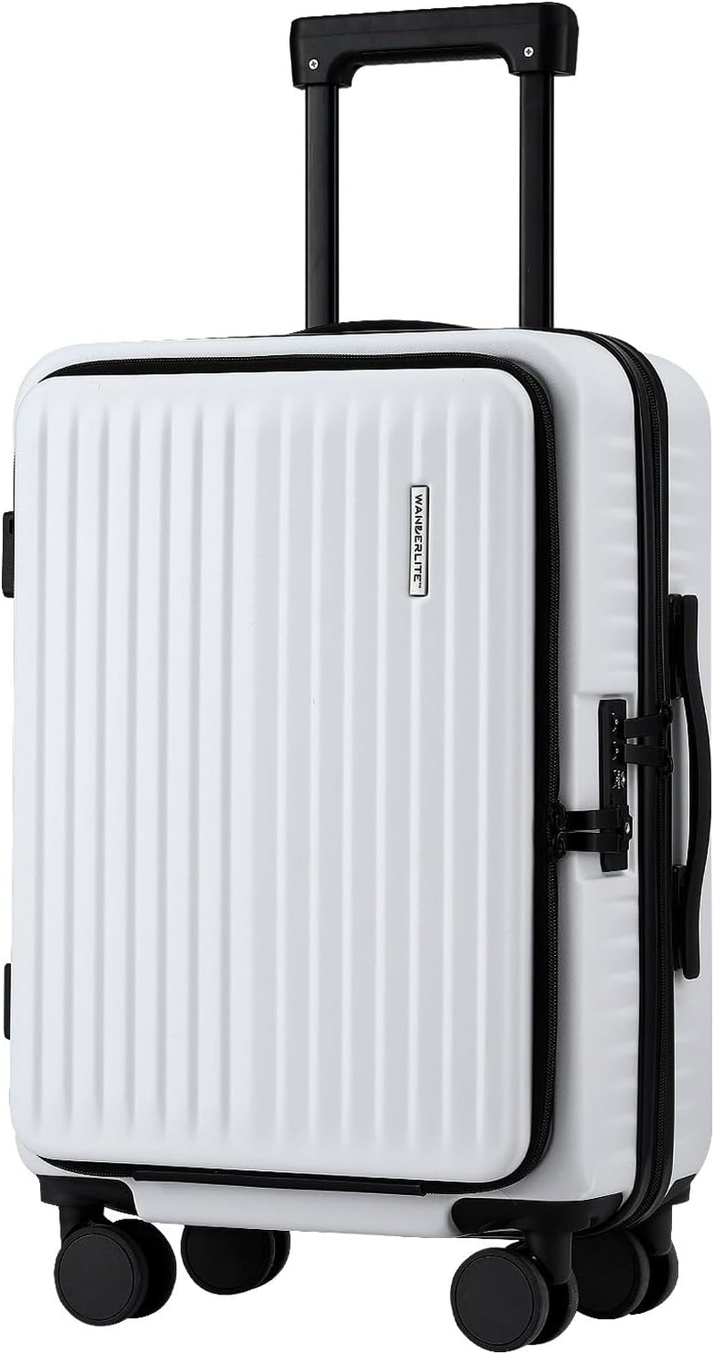 Wanderlite 20'' Luggage, Suitcase with Front Pocket & Dual TSA Locks, Carry on Luggage with Phone Holder & Hook, Lightweight Hardshell, Airline Approved, Navy