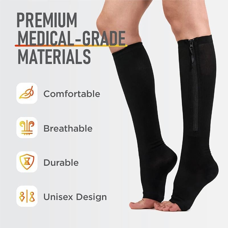 AIMALL Zip Compression Socks with Zipper, Open Toe Knee-High Leg Support Stockings for Swelling Relief, Varicose Veins, Travel & Sports, Unisex Design image number 4