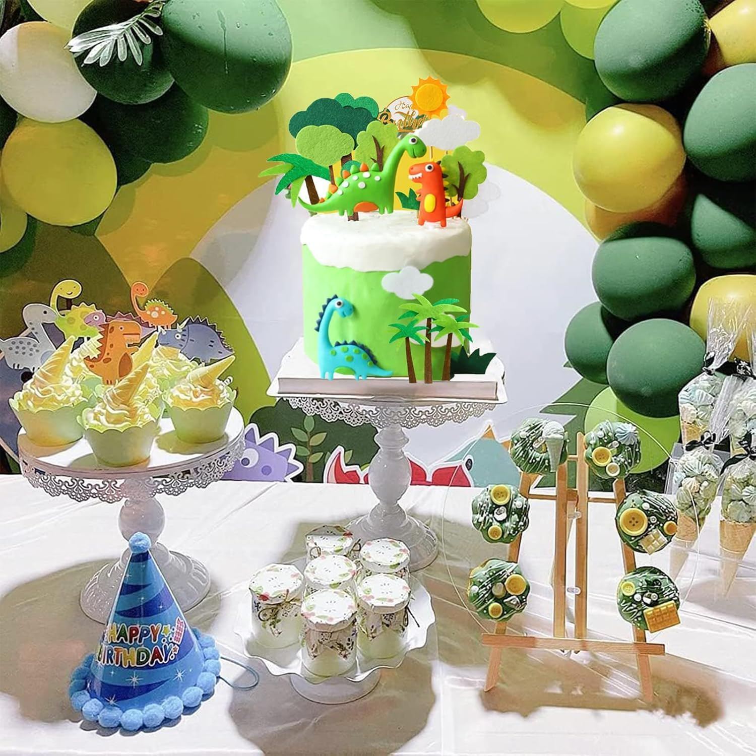 13Pcs Dinosaur Cake Topper Set with Palm Trees, Jungle Theme Party Decoration, Green and Orange image number 2