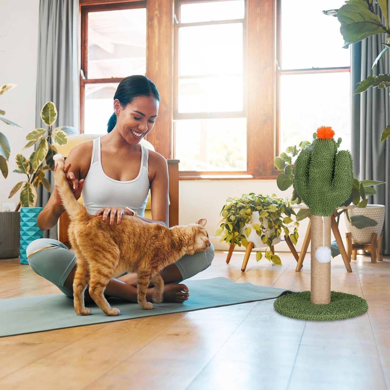 Relaxdays Scratching Post for Cats, Cactus, H X D: 59 X 31 Cm, Cat Scratching Post with Bobbles, Linen Rope, Interactive Scratching Post, Colourful