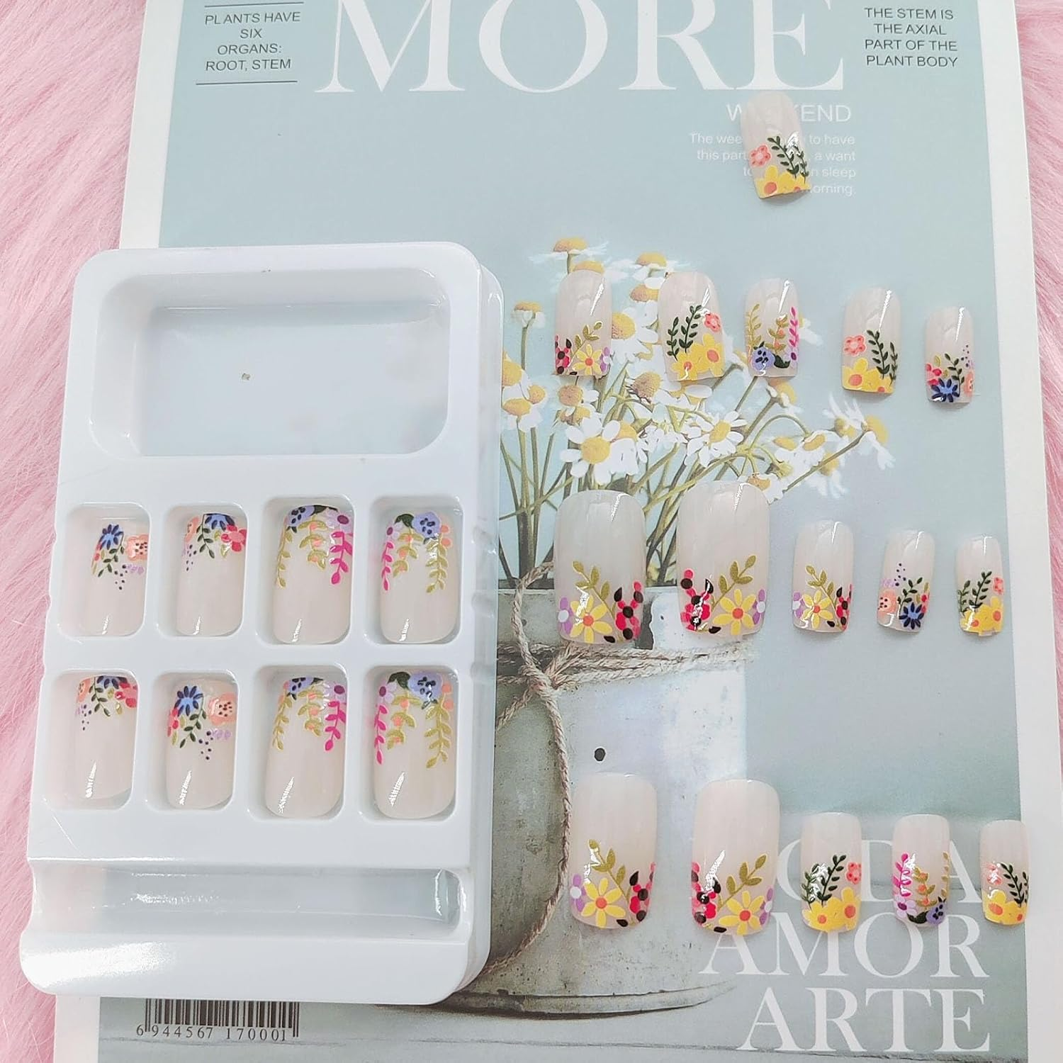 Square Press on Nails Short Cute Floral Nails Acrylic False Nails with Rainbow Flower Designs Artificial Nails Press Ons Reusable Glue on Nails for Women and Girls 24 Pcs image number 5