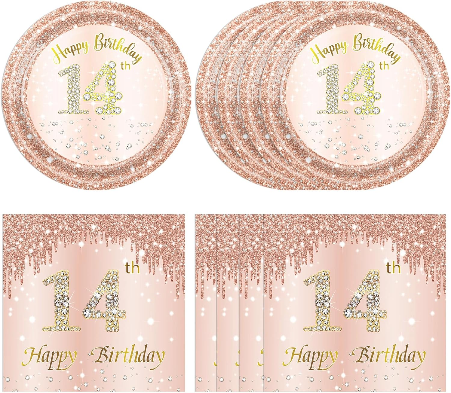 21St Birthday Rose Gold Party Supplies Rose Gold Birthday Supplies Plates and Napkins Happy 21 Birthday Disposable Tableware Party Supplies for Girls Women - 14Th
