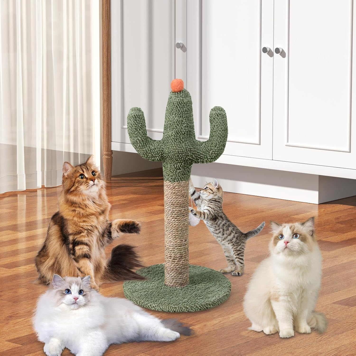 Cute Cat Scratcher,Green Cactus Scratching Post | Natural Kitten Scratch Poles in Soft Fabric, Scratch Poles with Interactive Ball for All Indoor Breeds image number 1