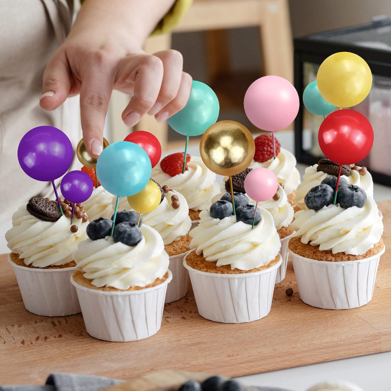 34Pcs Mini Balloon Cake Topper 5 Sizes Foam Cake Balls Cupcake Toppers 7 Colors Pink Gold Purple Yellow Red Blue Green Cake Insert Birthday Cake Toppers round Ball Baking Decor for Wedding Baby Shower image number 1