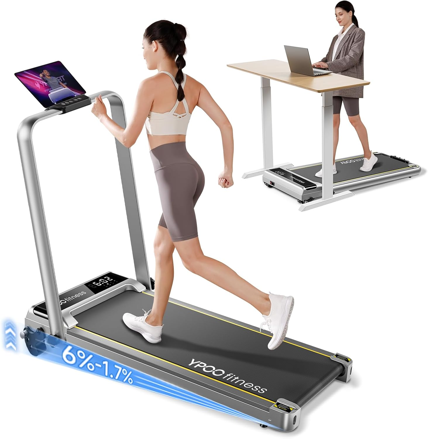 YPOO Walking Pad Treadmill, Walking Pad with Incline, Foldable Treadmills for Home Office Gym Exercise, Portable Desk Treadmill for Jogging&Running, Running Machine for Workout Exercise