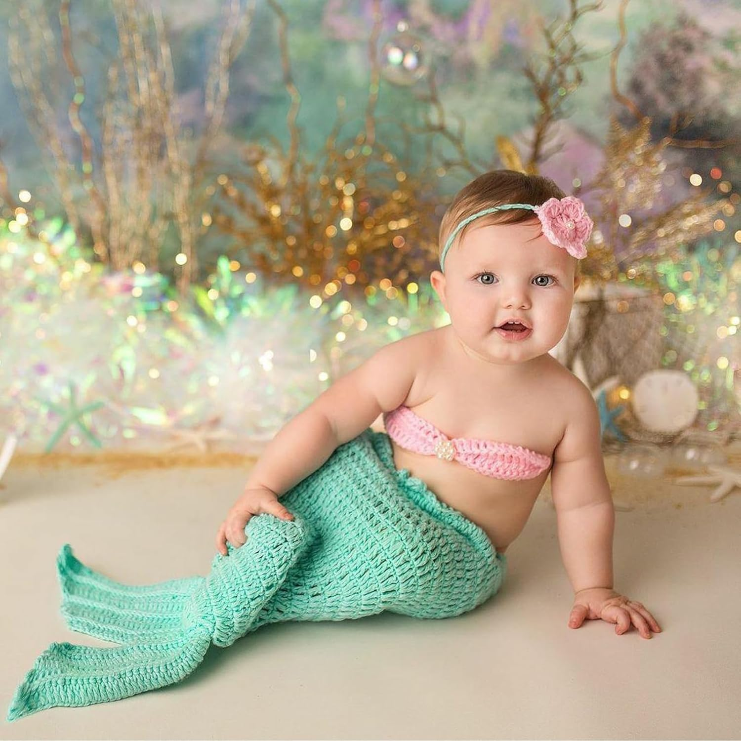 House Mermaid Costume Set-Handmade Crochet Photo Prop Includes Headband, Bra, Tail for Newborn Photography (Aquamarine) image number 6