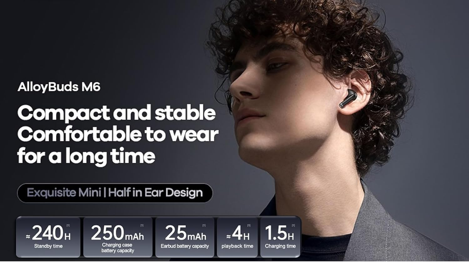 M6 Alloybuds, Zinc Alloy Case, TWS Music Call Earbuds, Bluetooth 5.4, Intelligent Touch Control, USB-C Charging, Half in Ear Comfort, Compact & Tough, Long Playtime, Minimalist (Tarnish) image number 4