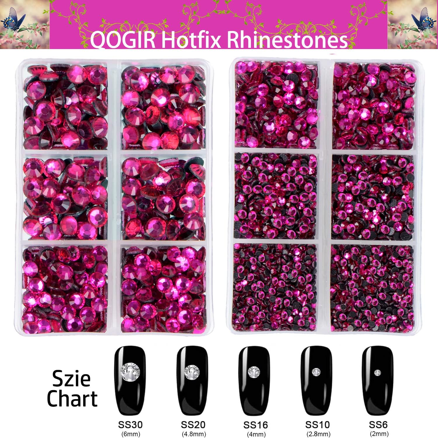 QOGIR 6300Pcs Fuchsia Hotfix Rhinestones for Crafts Clothes DIY with Tweezers and 2 Picking Pens Mixed Size Flatback Rhinestone image number 3