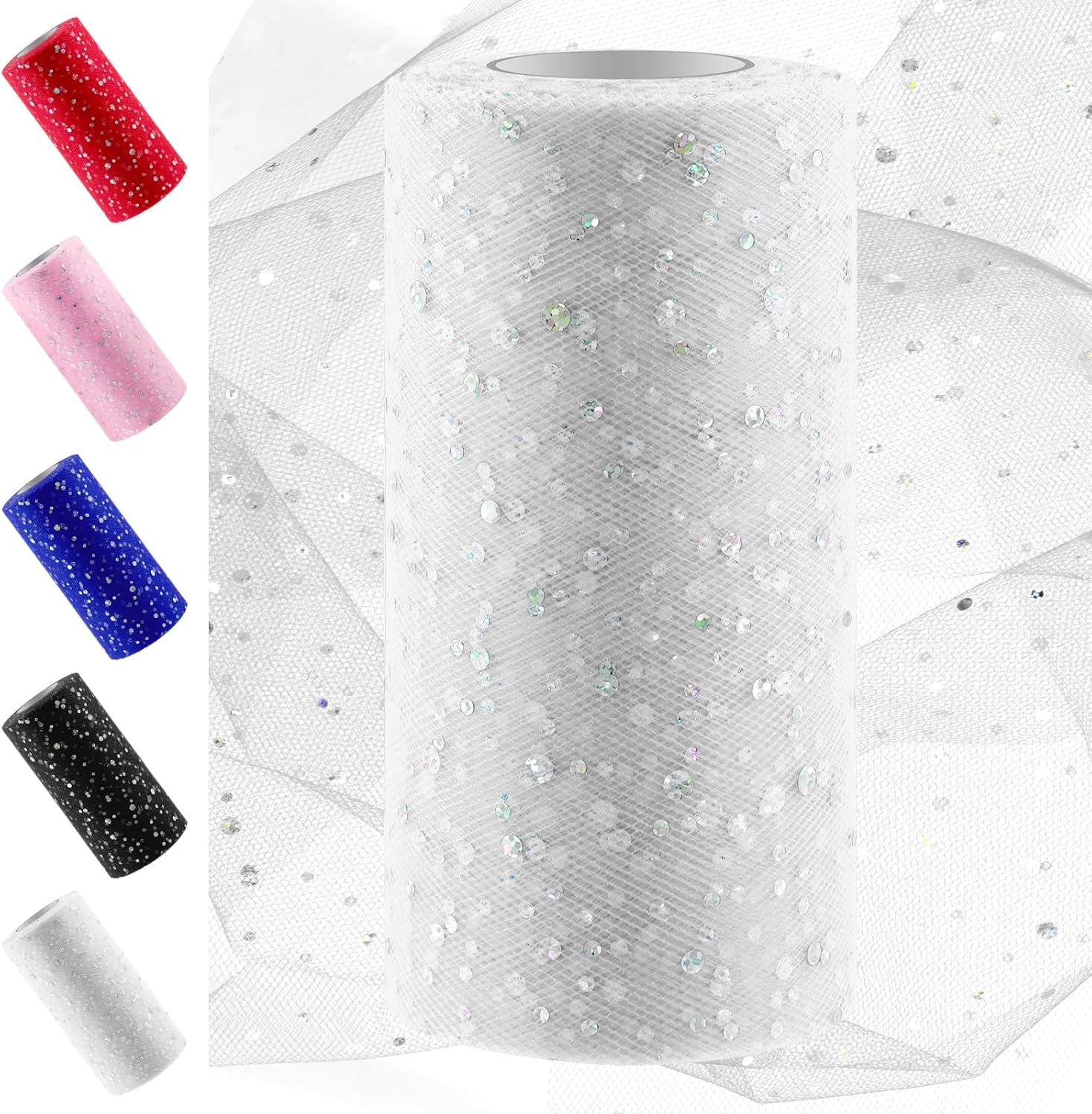 Swpeet 6 Inch by 50 Yards White Glitter Tulle Fabric Roll, Fabric Spool Sparkling Tulle Ribbon, Netting Polyester Spool for DIY Birthday Party Wedding Decorations Christmas Craft Supplies - Black image number 5