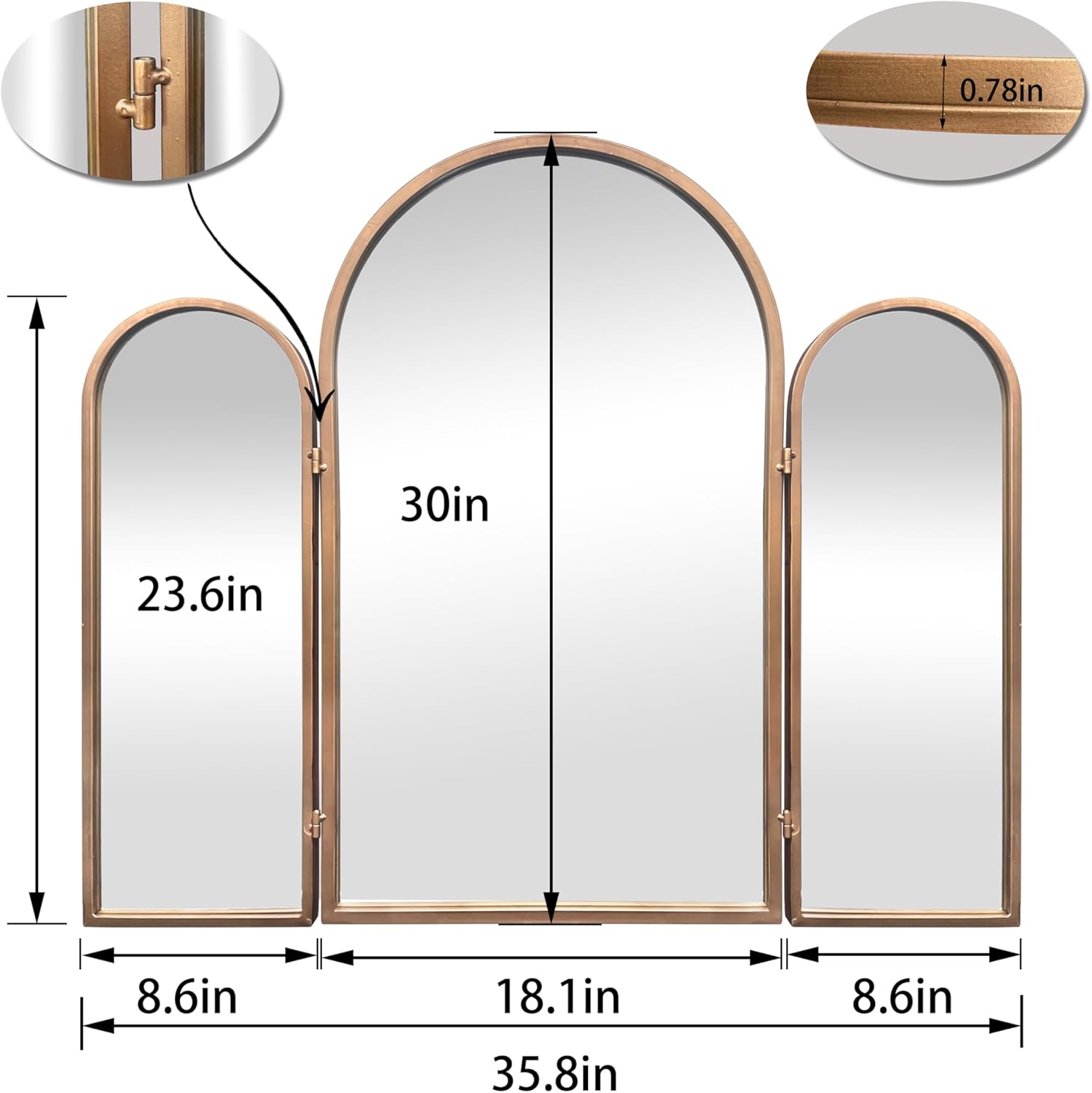 BAODANFU Trifold Vanity Mirrors 3 Way Trifold Vintage Gold Arch Mirrors Wall Mounted Decoration, Braiding Hair, Makeup 360&deg; Way image number 3