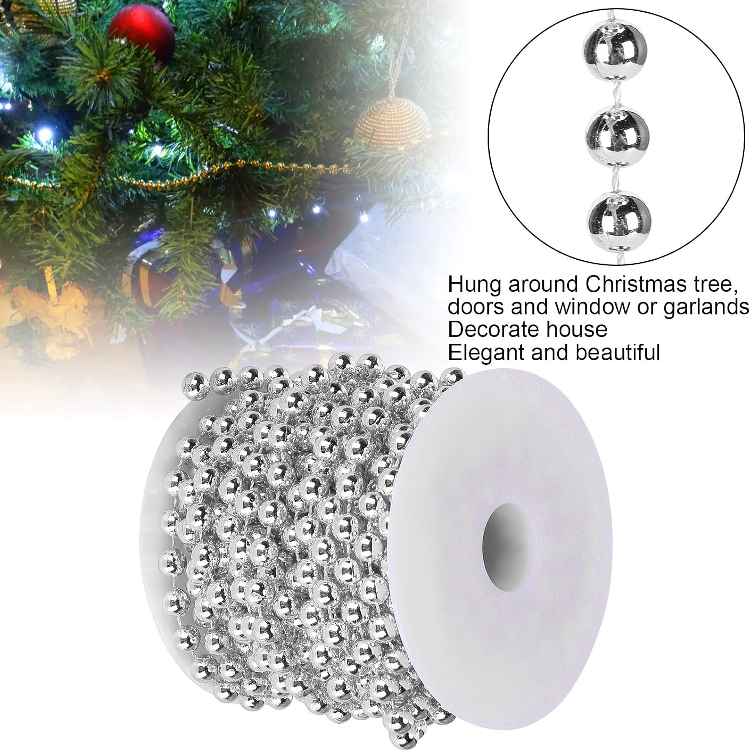 8Mm Silver Bead Hanging String, Silver Plastic Beads on String, Silvery Hanging Beads Garland for Christmas Decoration Wedding Party (10 Meter/Rollsilver) image number 5