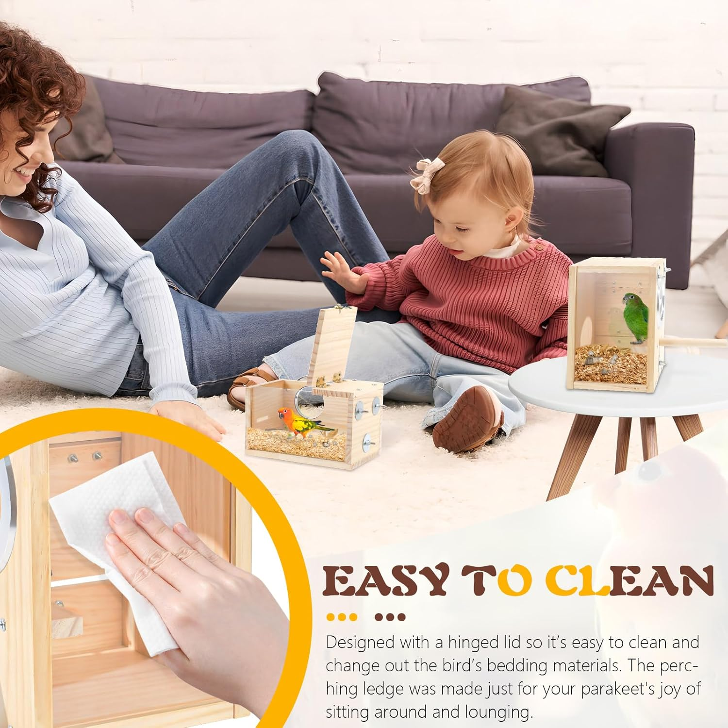 2 Pack Wood Bird Nest Box, Parakeet Nesting Box, Bird Nest Breeding Box Transparent, Bird House for Cage, Wood Breeding Box for Lovebirds, Cockatiel, Budgie