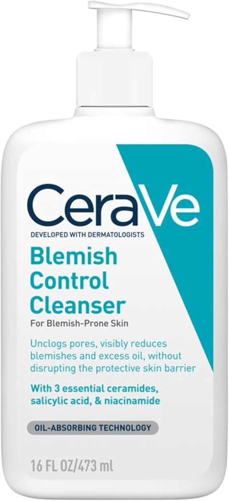 Cerave Blemish Control Cleanser Gel Face Wash 473Ml, for Blackheads, Blocked Pores & Acne-Prone Skin, 2% Salicylic Acid + Niacinamide + Purifying Clay + Ceramides, Lightweight + Oil-Absorbing