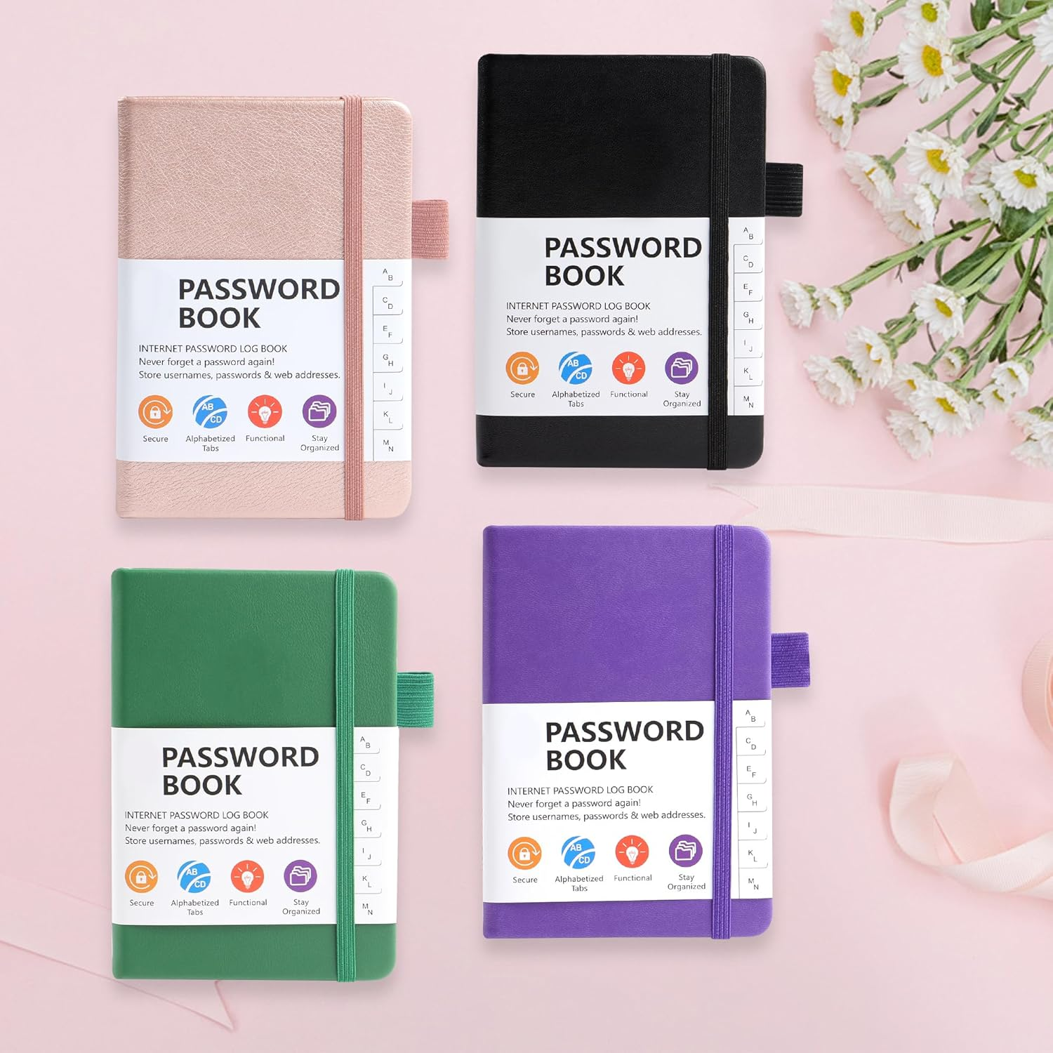 JUNART A6 Password Book,Internet Password Log Book with Alphabetical Tabs, Hardcover Address Book with Elastic Pen Loop(Green) - Black image number 2