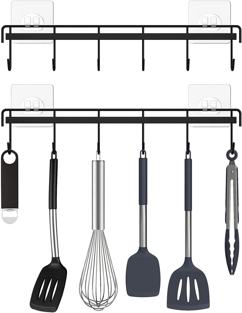 Wall Mount Utensil Rail Rack 2 Pcs, Space Saving Kitchen Utensil Holder Self Adhesive, No Drilling Wall Mounted Accessory Hanger with Hooks for Kitchen Bathroom Storage (Black) image number 2