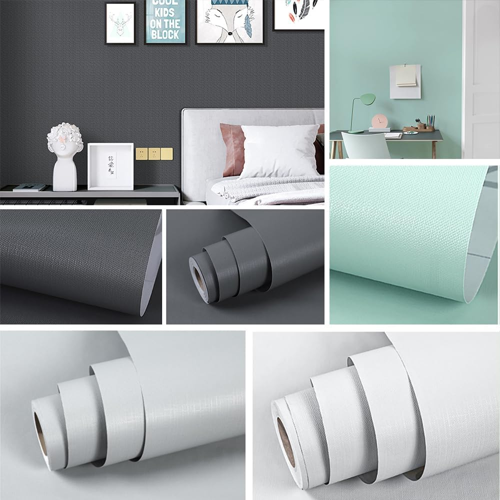 Self Adhesive Wallpaper Waterproof Linen Real Texture 10M Bedroom Laundry Dining White - Green image number 3