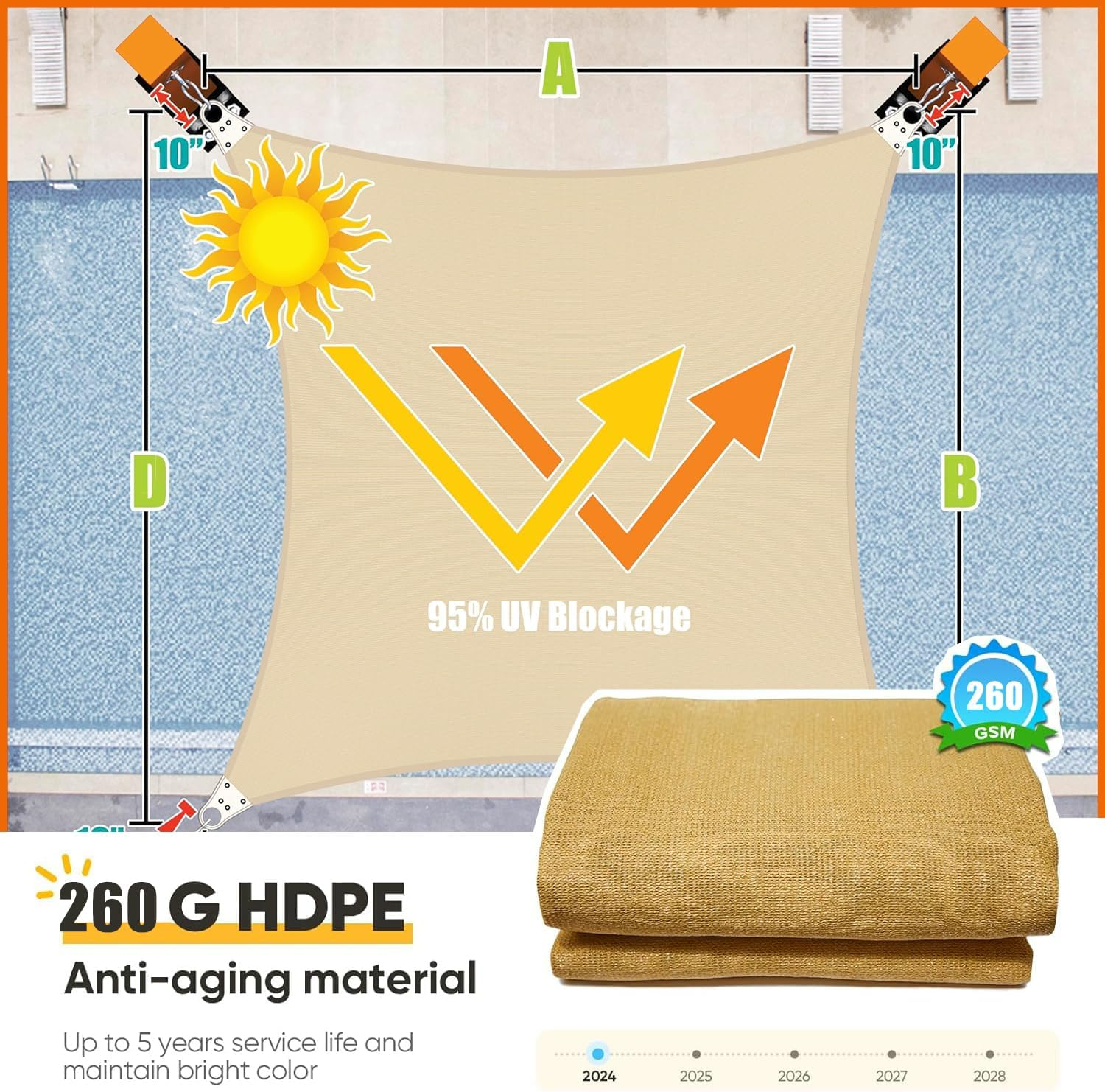 LIODUX Sun Shade Sail, Rectangle UV Sand Block Sunshade, Super Ring Sun Shade Sail Canopy Structure, 260 GSM Permeable Fabric, Reinforced Corners, for Backyard Yard Patio Garden Outdoor (3 X 5 Meter) image number 4