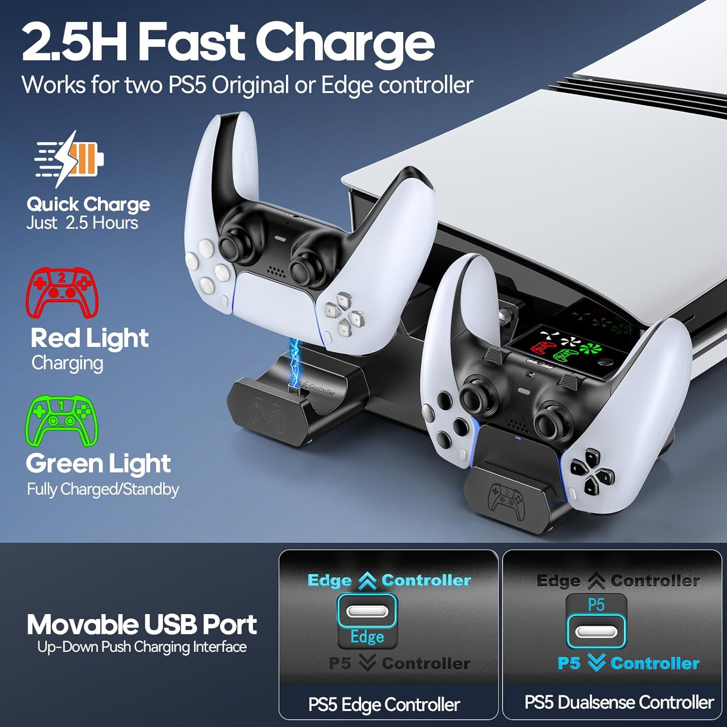 Gersker PS5 Horizontal Stand with Cooling Fan & PS5 Controller Charger for Original/Slim/Pro Disc & Digital Console, PS5 Cooling Stand with Scalable Design & EVA Foams, PS5 Accessories (Black) image number 4