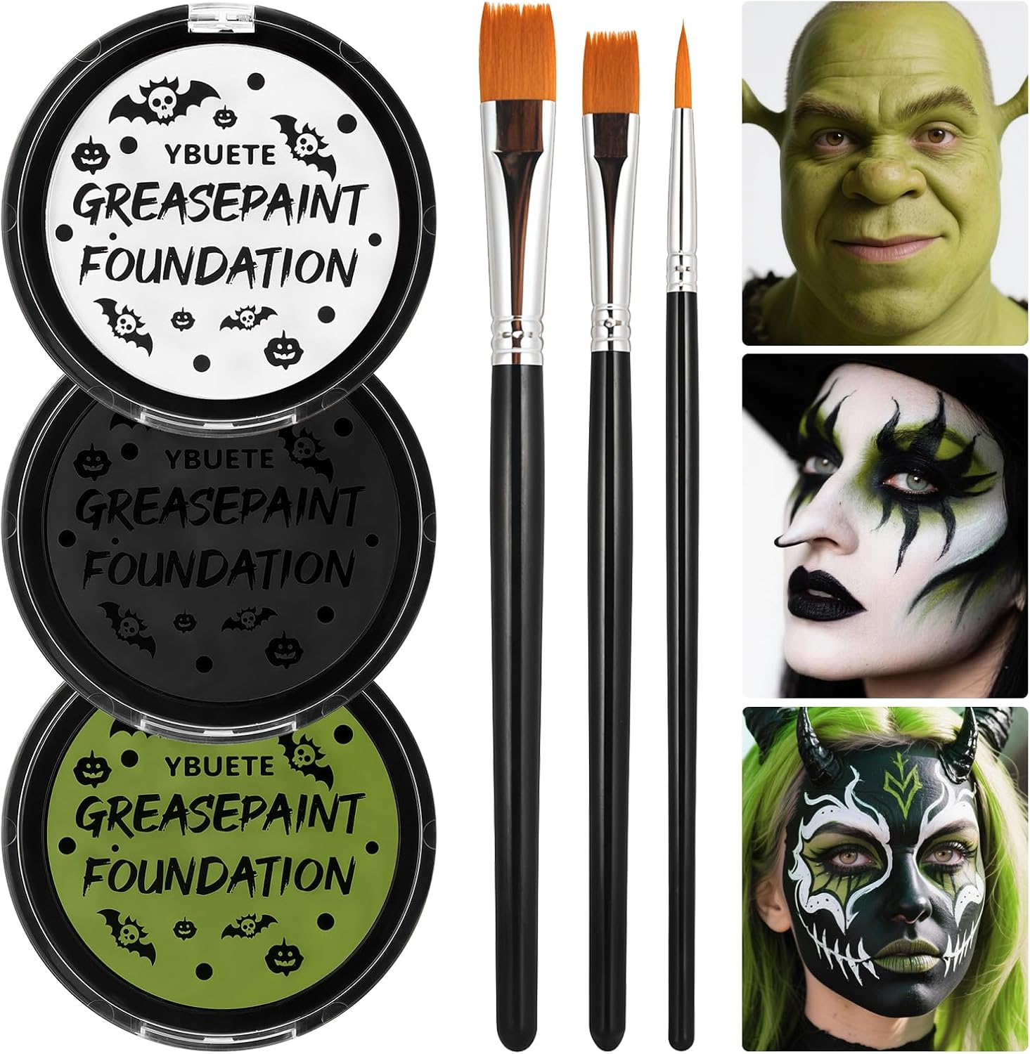 YBUETE Orange Black White Oil Based Face Paint Kit with Painting Brushes, Professional Full Coverage Greasepaint for Adults Halloween Cosplay SFX Tiger Pumpkin Makeup Carnival Theater Stage