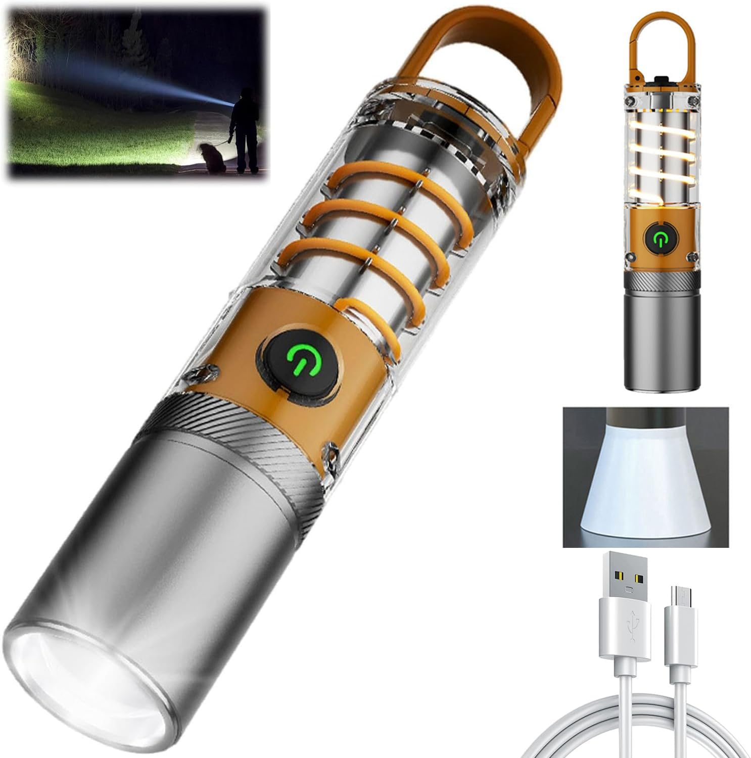 LED Tactical Torch, Rechargeable Flashlight, Laser Bright Flashlight, Adjustable Focus, Water Resistant, with 5 Lighting Modes Mini Breathing Torch for Camping, Hiking, Dog Walking, Emergency Use image number 1