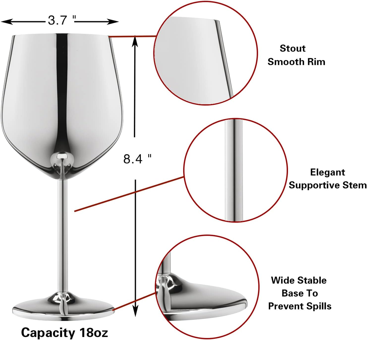WOTOR Stainless Steel Wine Glasses Set of 4, 540Ml/18Oz Silver Goblet, Unbreakable Metal Wine Glass, Fancy Wine Goblets for Outdoor, Travel, Camping and Pool (Silver) - Black image number 2