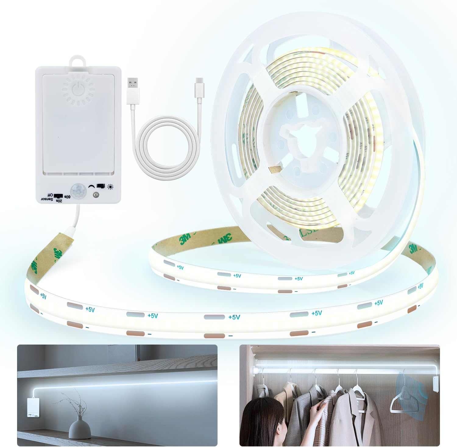 LED Light Strip with Motion Sensor Indoor Battery, 2 M 640 Leds LED Strip with Rechargeable Battery, Cabinet Light with 2 Modes, for Wardrobes, Stairs, Bedroom, Hallways (Cool White, Pack of 1) image number 1