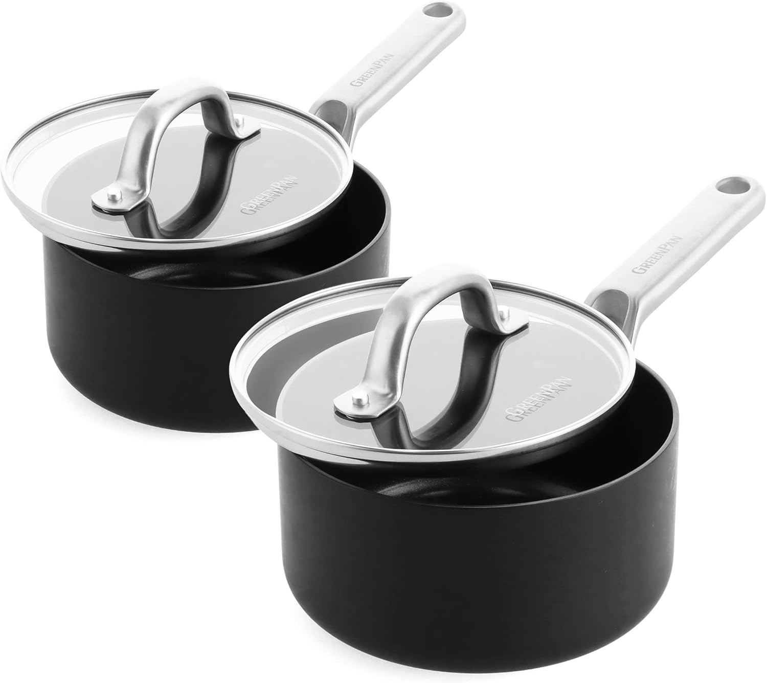 Greenpan Omega Hard Anodized Advanced Healthy Ceramic Nonstick, 1.6QT and 2.2QT Saucepan Pot Set with Glass Lids, Anti-Warping Induction Base, Dishwasher Safe, Oven & Broiler Safe, Black