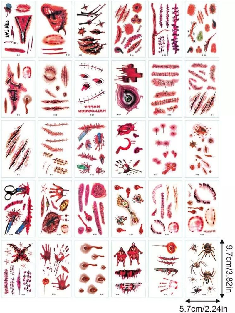 30 Sheets Halloween Tattoo Sticker Waterproof - Temporary Tattoos - Bats Cuts Blood Splatter Stitches Spiders Webs Witches - Halloween Sticker Pack for Adults Kids - Steadyink&reg; image number 6