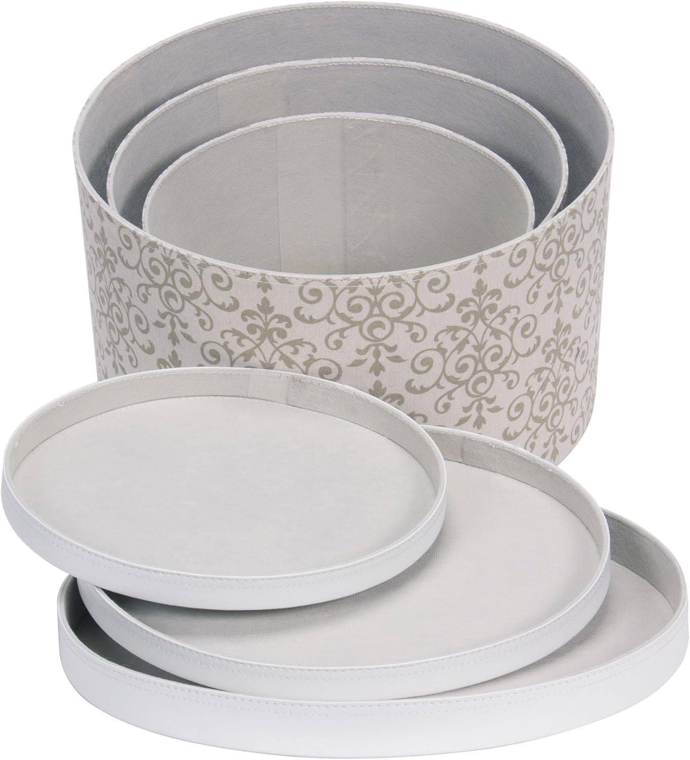 Household Essentials 3-Piece Hat Box Set with Faux Leather Lids, Scroll Pattern