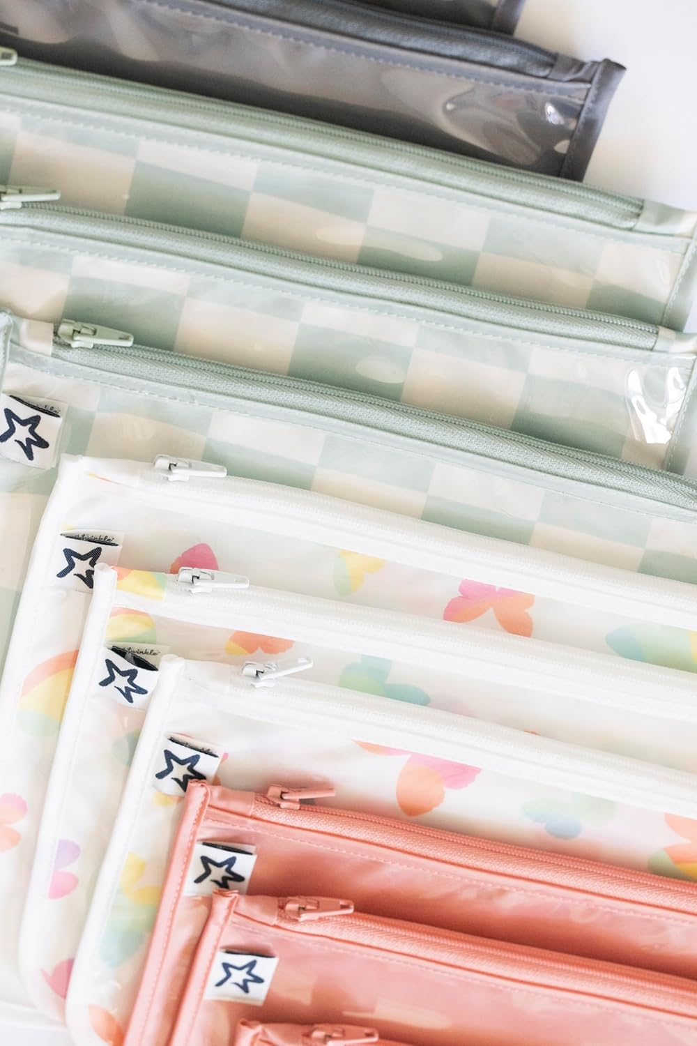 Tiny Twinkle Mess-Proof Travel Bags, Airline Compliant, Zipper Closure, Clear Front Pouch, Diaper Bag Packing, Toiletry or Cosmetics Organizer 3 Pack Set (Sage Checkers) - Sage Checkers image number 2