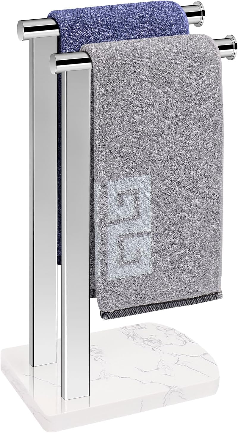 Nearmoon Hand Towel Holder with Balanced Marble Base, SUS304 Stainless Steel Stand Towel Ring L Shape Hand Towel Rack Free-Standing Towel Bar for Bathroom Kitchen Countertop(Double Rod Brushed Nickel)