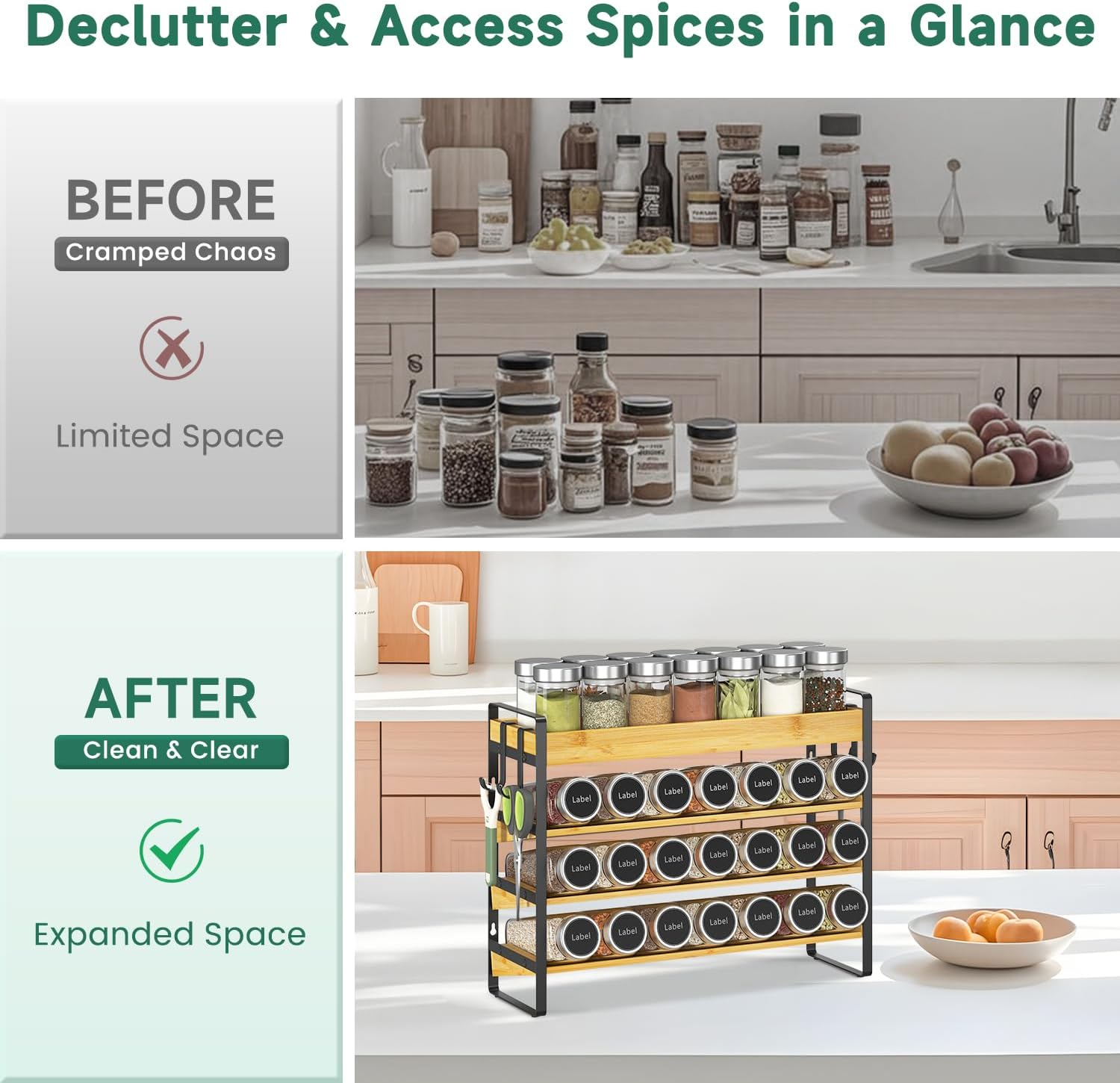 Esluker.Ly Spice Seasoning Rack Organizer Kitchen Countertop, 4 Tier Bamboo Spice Shelf Holder Storage with 4 Hooks, Wall Mounted Freestanding Stand for Pantry, Quick Spice Access(Jars Not Included) image number 3