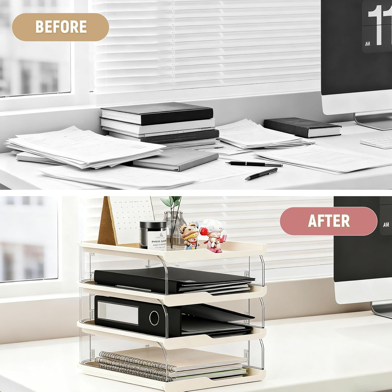 Desk Organiser and Storage, 4-Tier Paper Letter Tray Organiser, Stackable Clear Desktop Organiser, Storage Compartments, Stackable Order for Documents, Paper, Book Magazine, Office Supplies image number 5