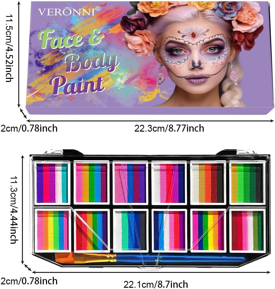 12-Color Water-Based Face Body Paint Set with Brushes, Rainbow Professional Face Painting Kit Body Paint Palette with 1 Painting Brushes, Halloween Makeup Washable Face Paint image number 3