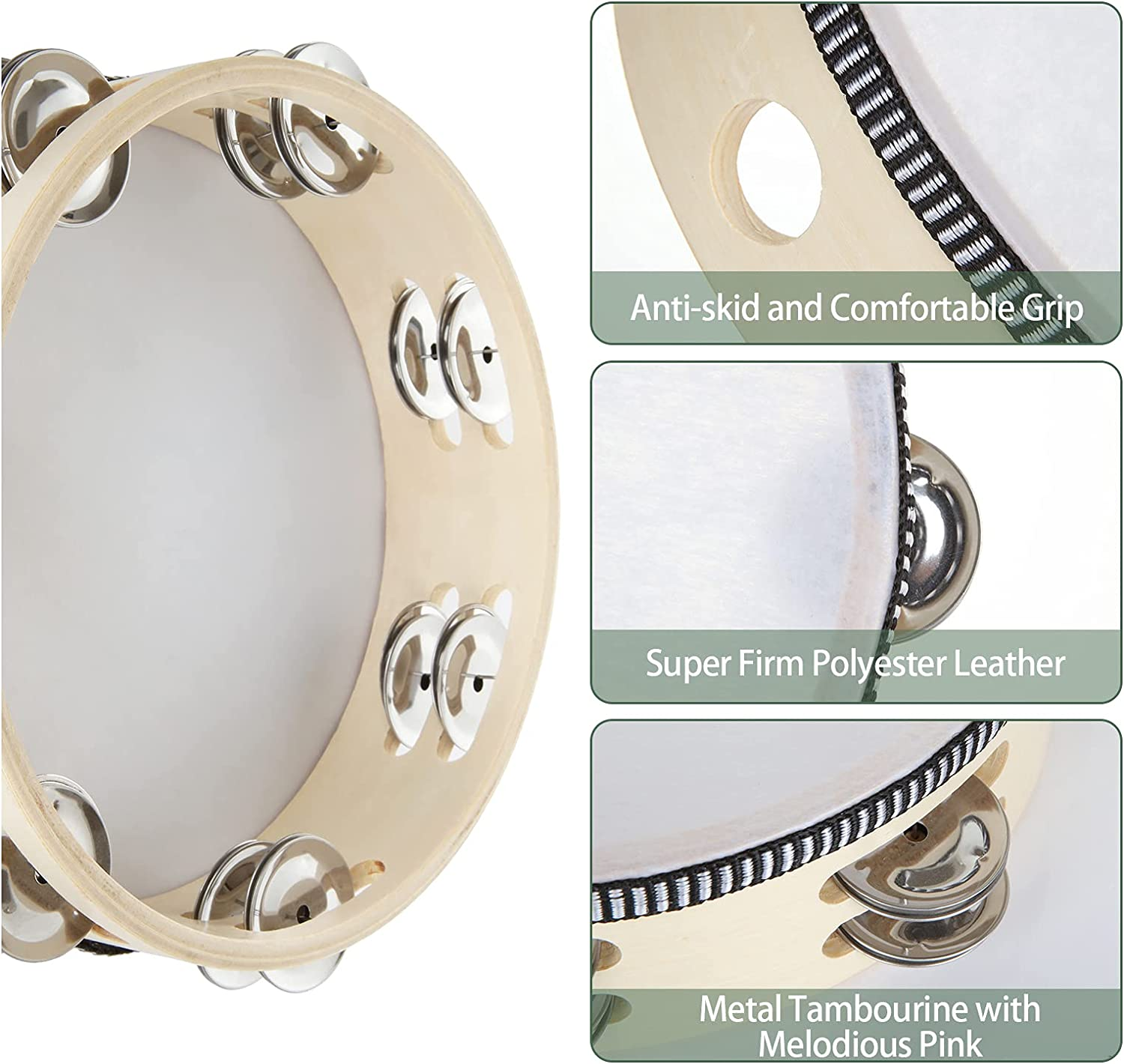 3 Pack 8 Inch Wood Tambourine with Metal Jingles - Hand Held Musical Instrument for Adults, KTV, Party, Church - Educational Rhythm Percussion (Single Row) - Hand Drum image number 2