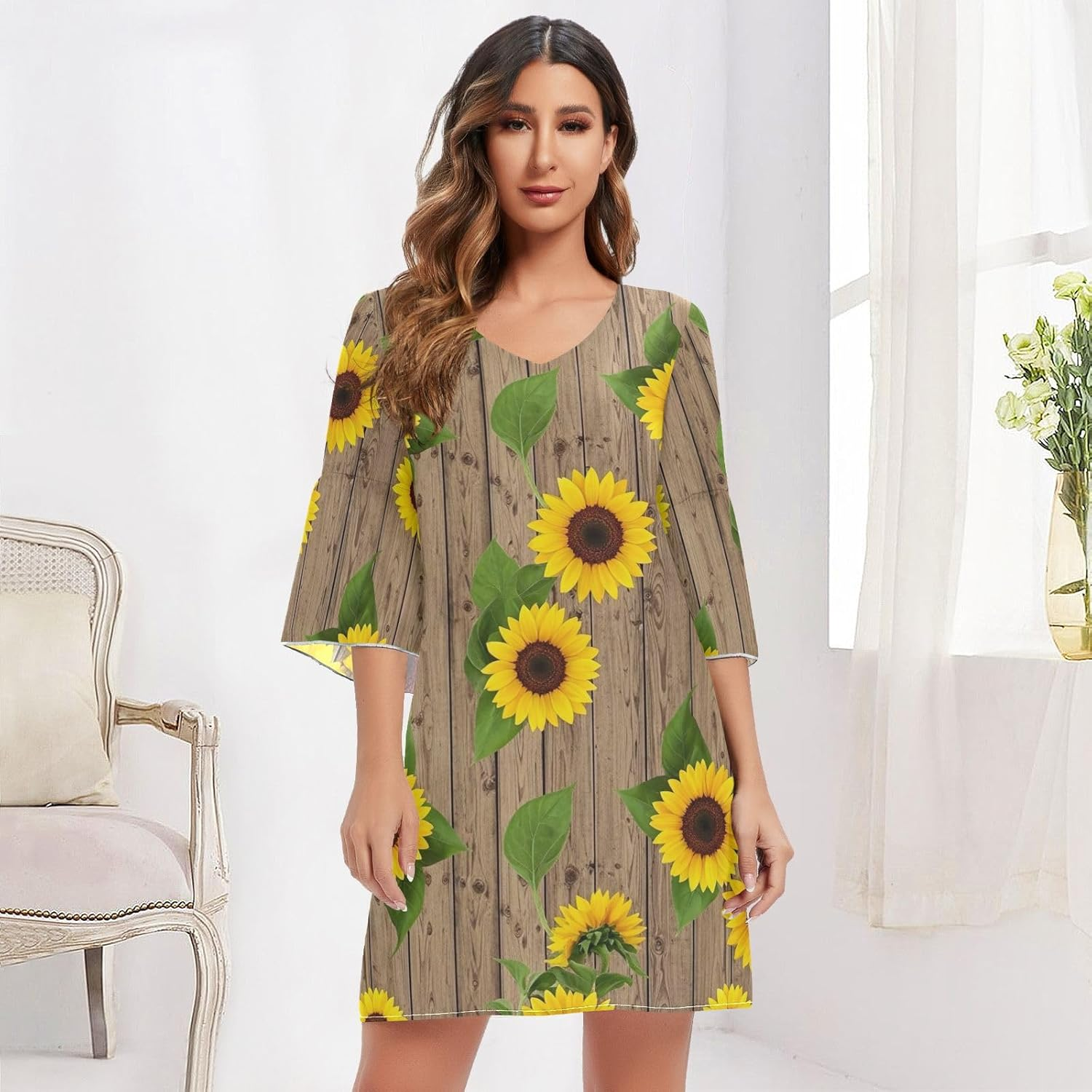 Sunflowers Rustic Wooden Chiffon Dress Printed Line Maternity Dress image number 1