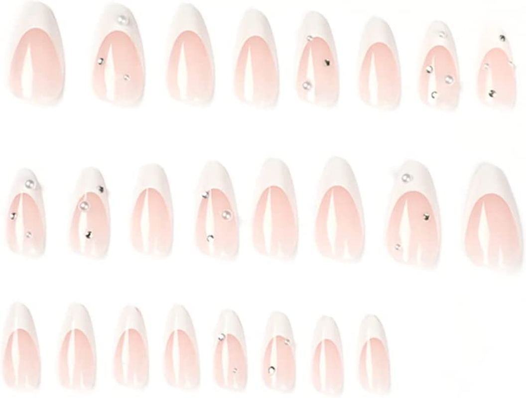 24PCS White French Tip Press on Nails Short Rhinestones Glossy False Nails Glossy Fake Nails Suitable for Woman and Girls Everyday Wear image number 4