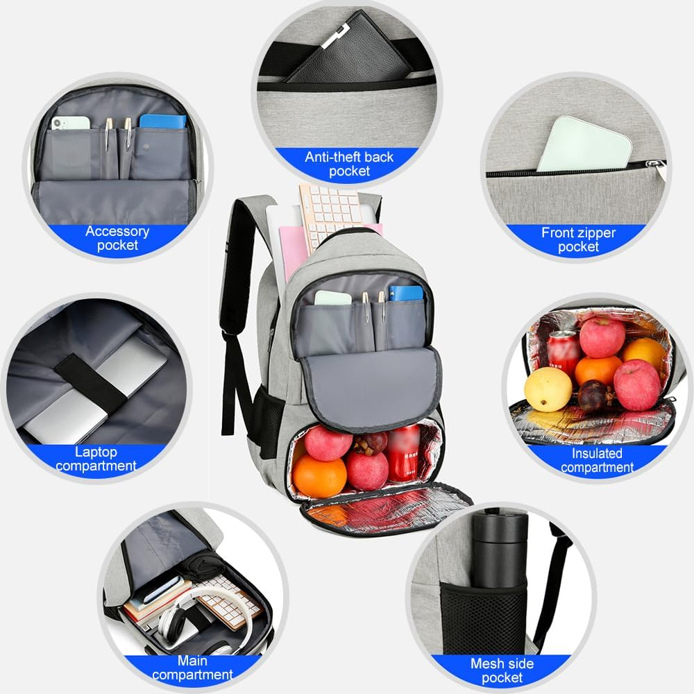 LAPOOH Lunch Backpack, Insulated Cooler Backpack Lunch Box for Men Women, 15.6 Inches Laptop Backpack with USB Port, Water Resistant Leak-Proof Lunch Bag for Work School Picnics Hiking image number 5