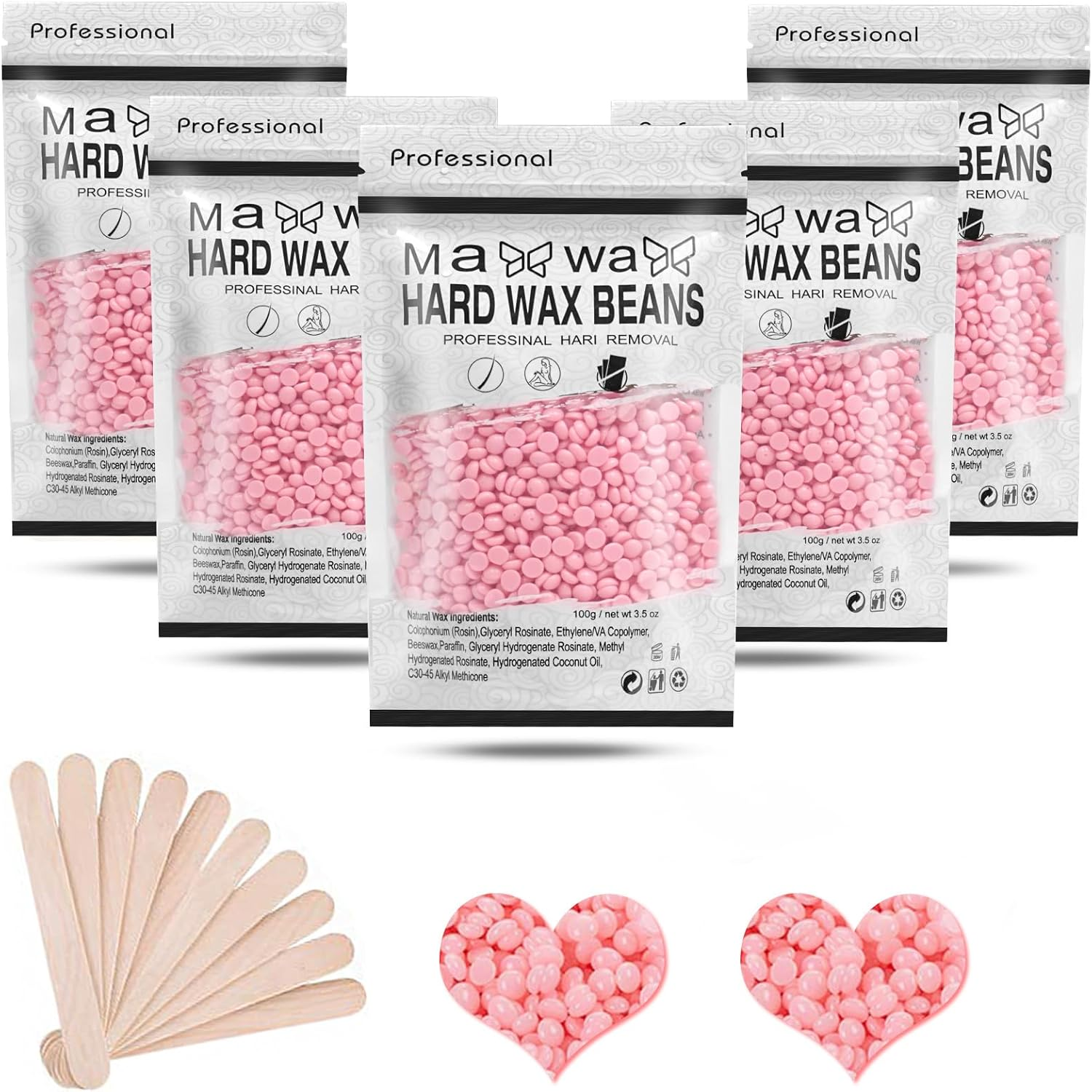 500G Hard Wax Beads for Hair Removal with 10 Sticks, Wax Beads for Sensitive Skin, Body Wax Beads for Thick Hair, Waxing Beads for Face, Eyebrows, Body, Home(100G/Pack) (5 Pack, Rose) image number 6