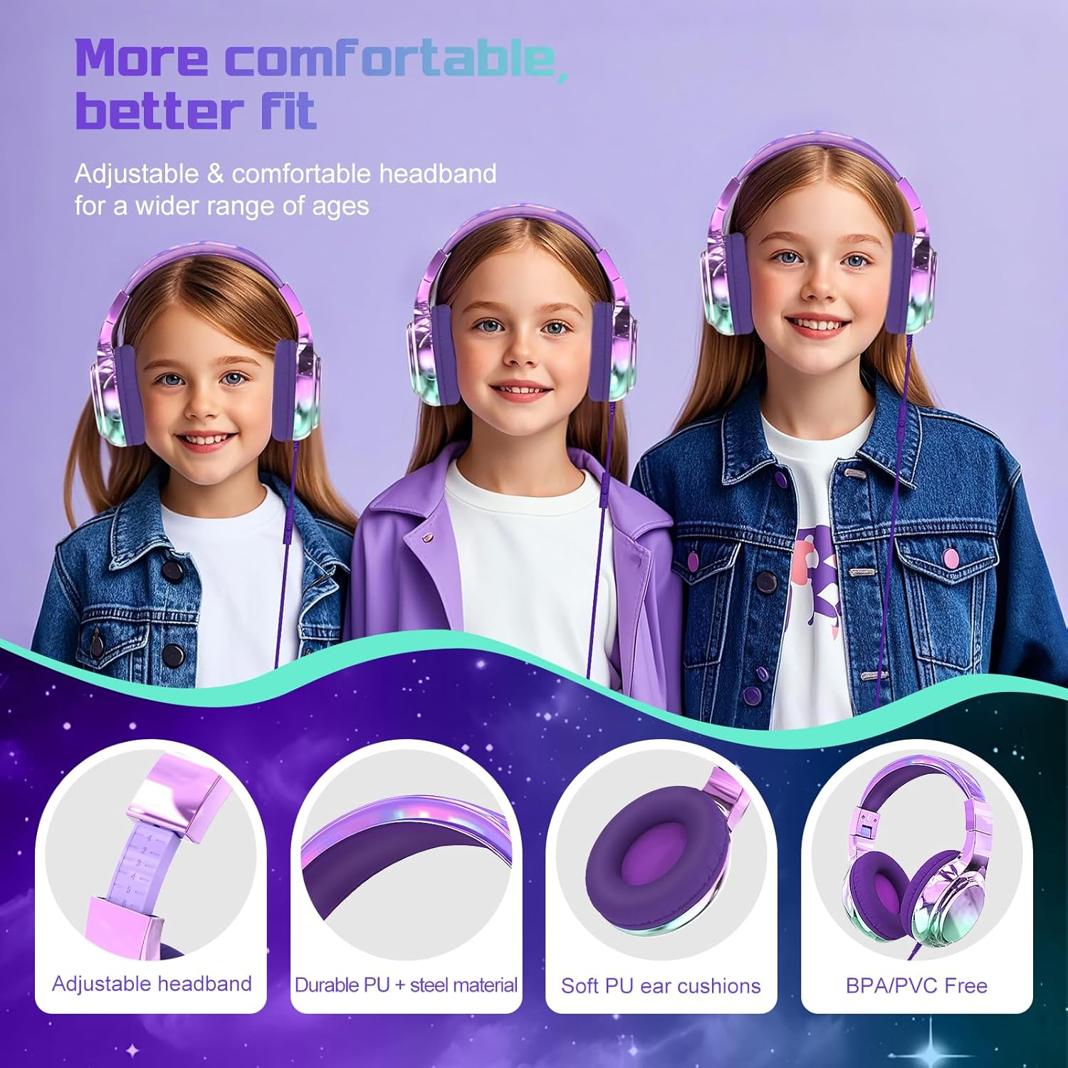 Qearfun Kids Headphones with Microphone, Wired, on Ear, Volume Limited to 85/94Db, Sharing Jack, Foldable, Deep Purple Aurora - Black image number 6